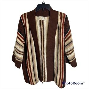 Vintage Knit Sweater Cardigan Duster Large Made in USA Brown Tan Red Striped